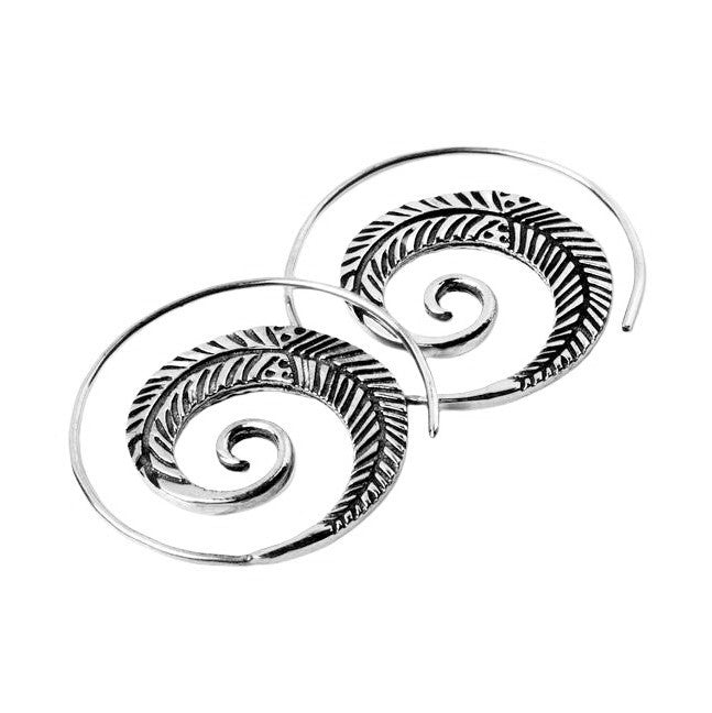 Handmade solid silver, feather detailed, spiral hoop earrings designed by OMishka.