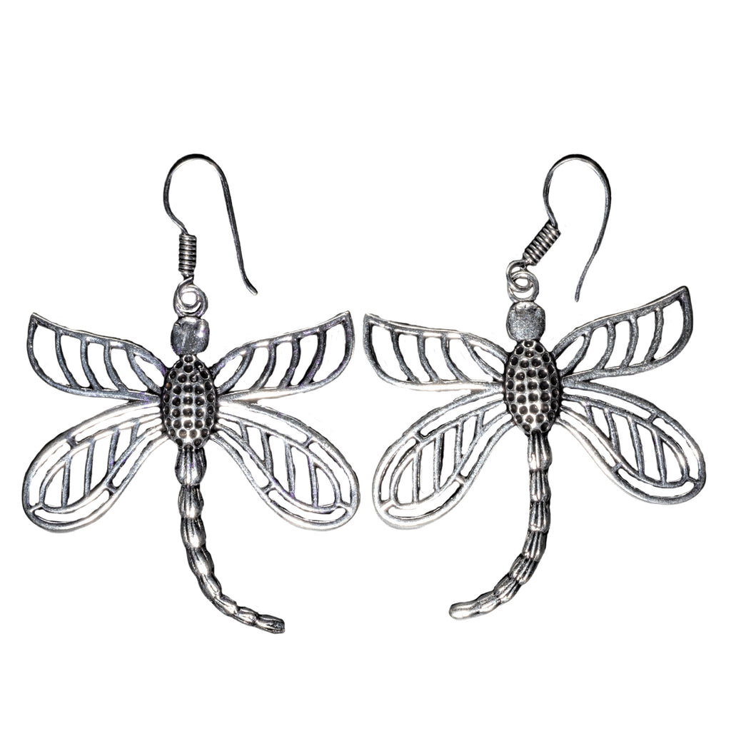 Handmade solid silver, large dragonfly drop hook earrings designed by OMishka.
