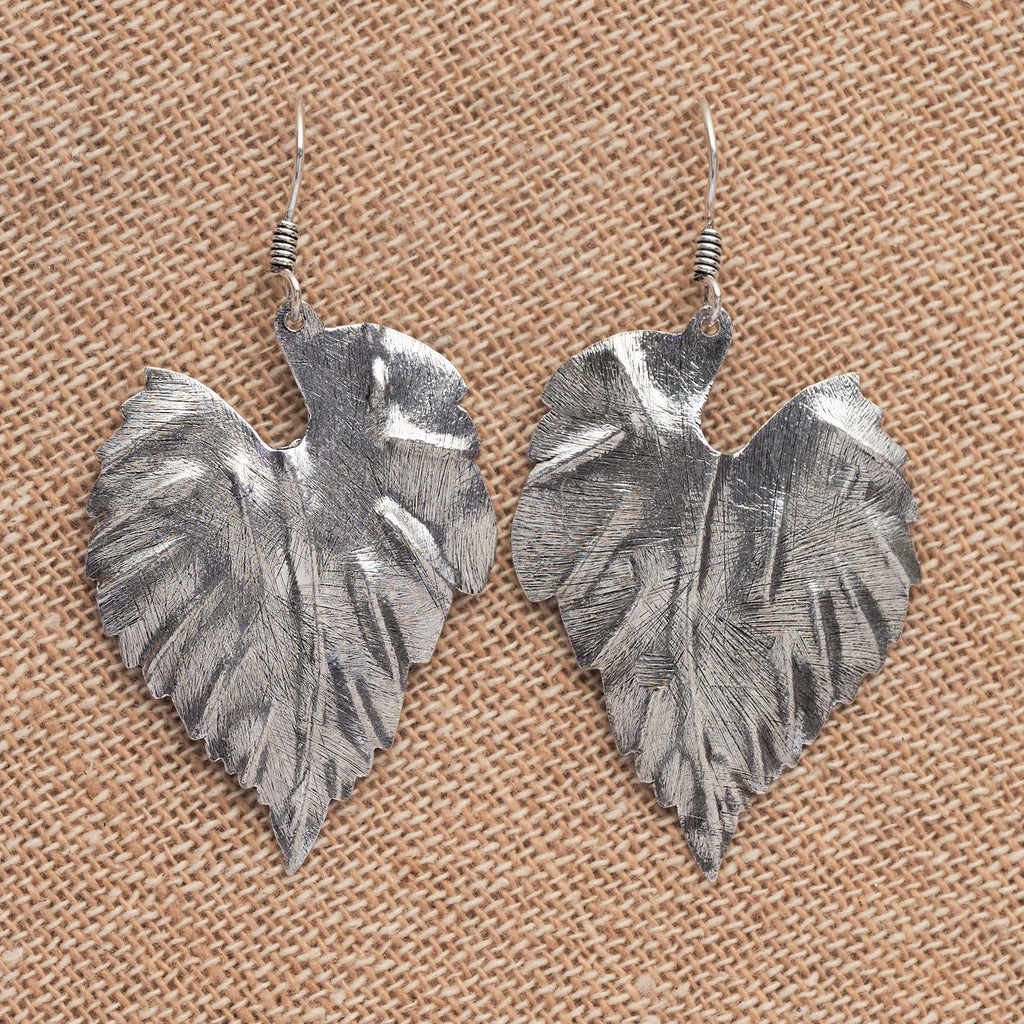 Handmade solid silver, large single leaf drop earrings designed by OMishka.