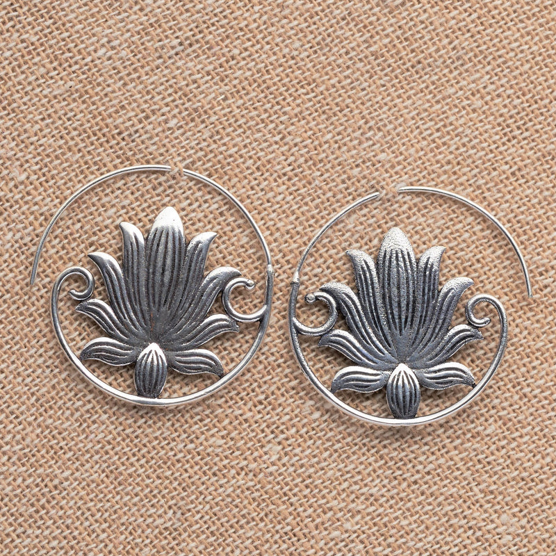Handmade solid silver, lotus flower detailed, large half hoop earrings designed by OMishka.