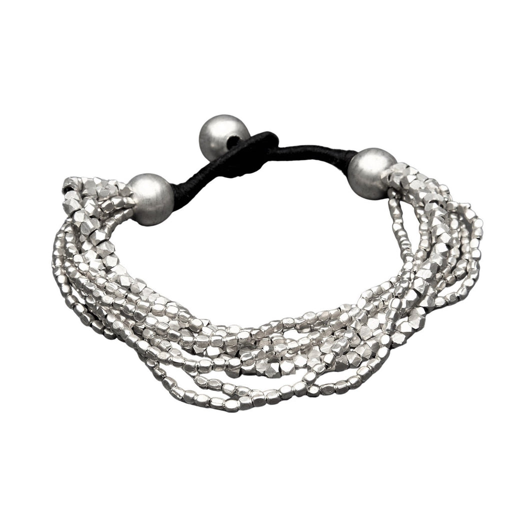 Handmade silver, mixed tiny cube and octagonal beaded, multi strand bracelet designed by OMishka.
