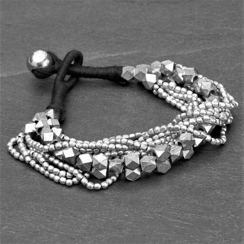 Handmade silver, mixed beaded multi strand, chunky bracelet designed by OMishka.