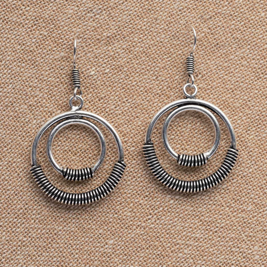 Artisan handmade solid silver, double nested hoop with a coiled detail, dangle earrings designed by OMishka.