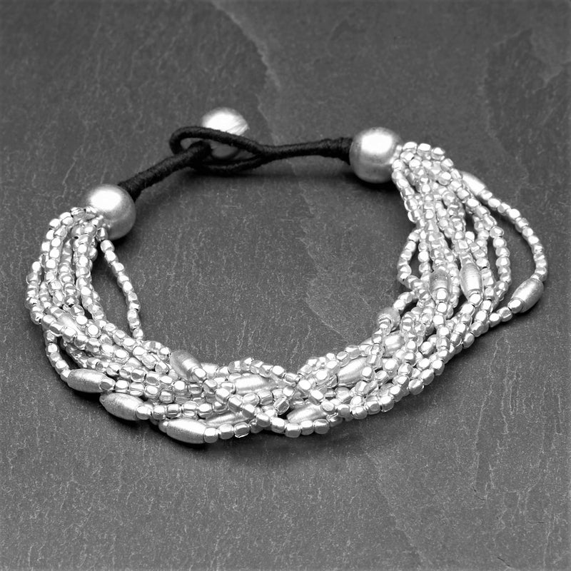 Elegant handmade silver, oval beaded multi strand bracelet designed by OMishka.