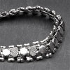Handmade oxidised silver toned, patterned disc and beaded, chain link bracelet designed by OMishka.