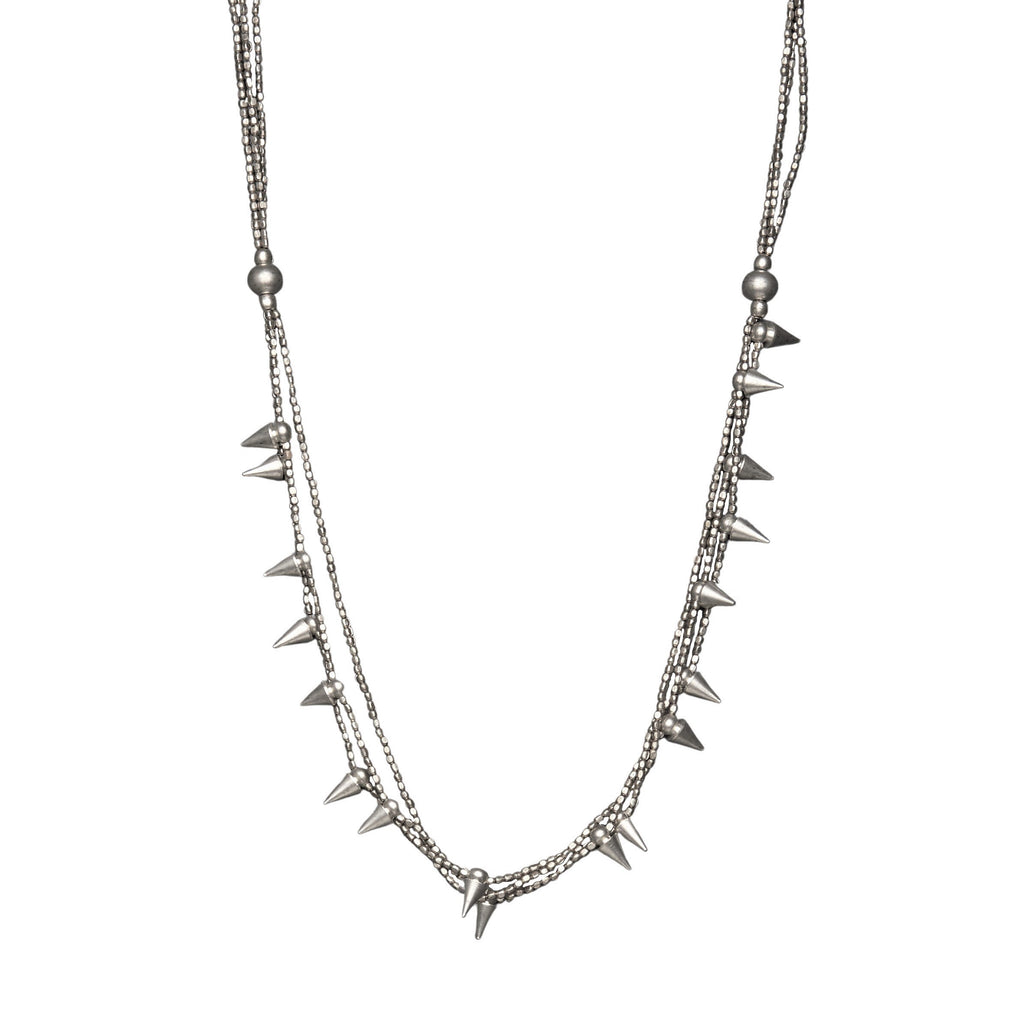 Handmade silver, tiny cube beaded and spike rivet stud, multi strand necklace designed by OMishka.