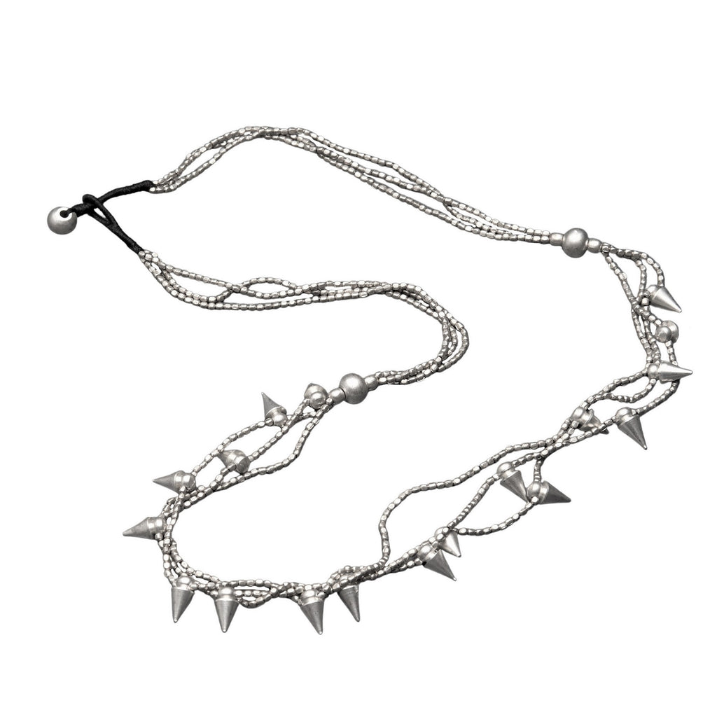 Handmade silver, tiny cube beaded and spiked, multi strand necklace designed by OMishka.