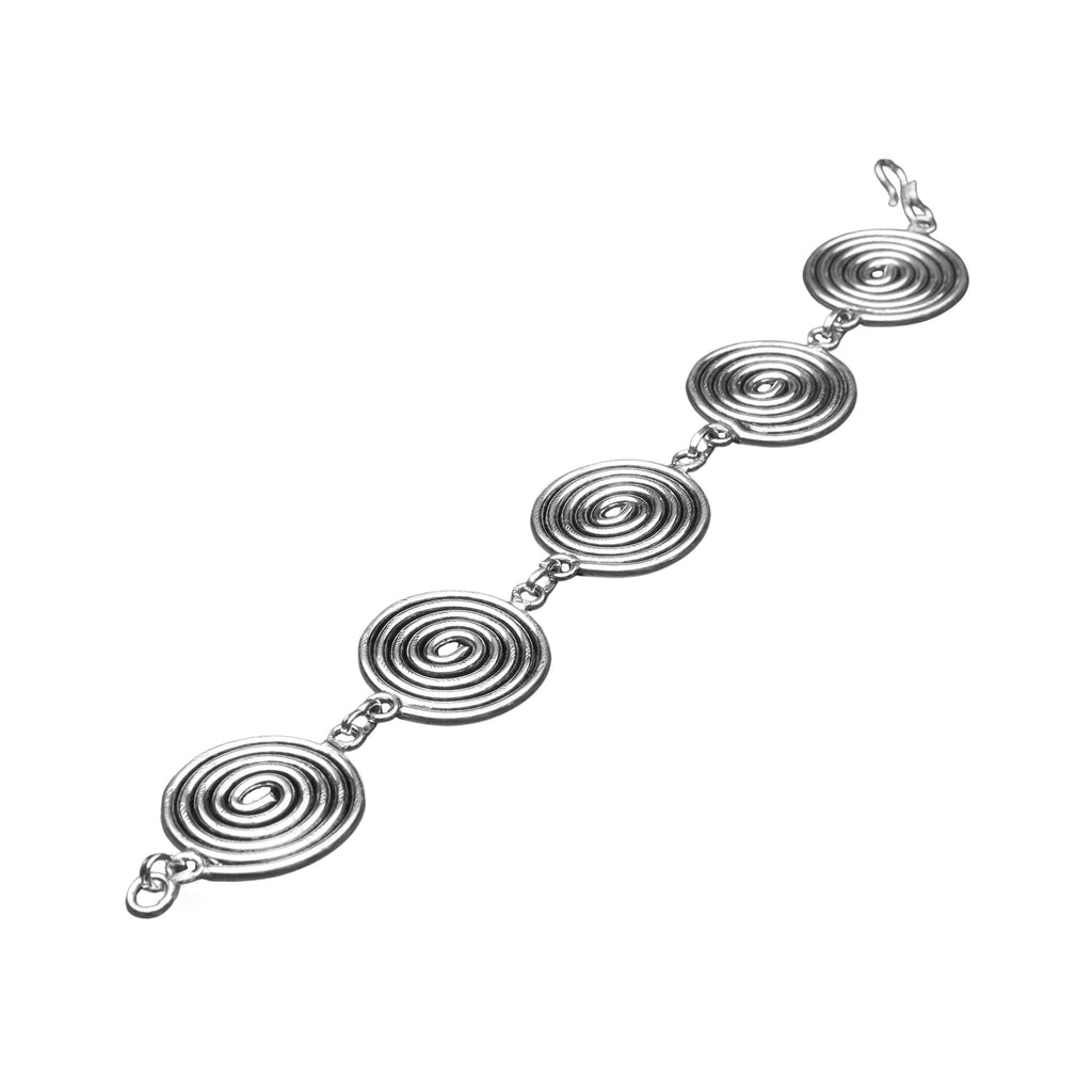 Handmade silver toned plated brass, five spiral detail smooth textured bracelet designed by OMishka.