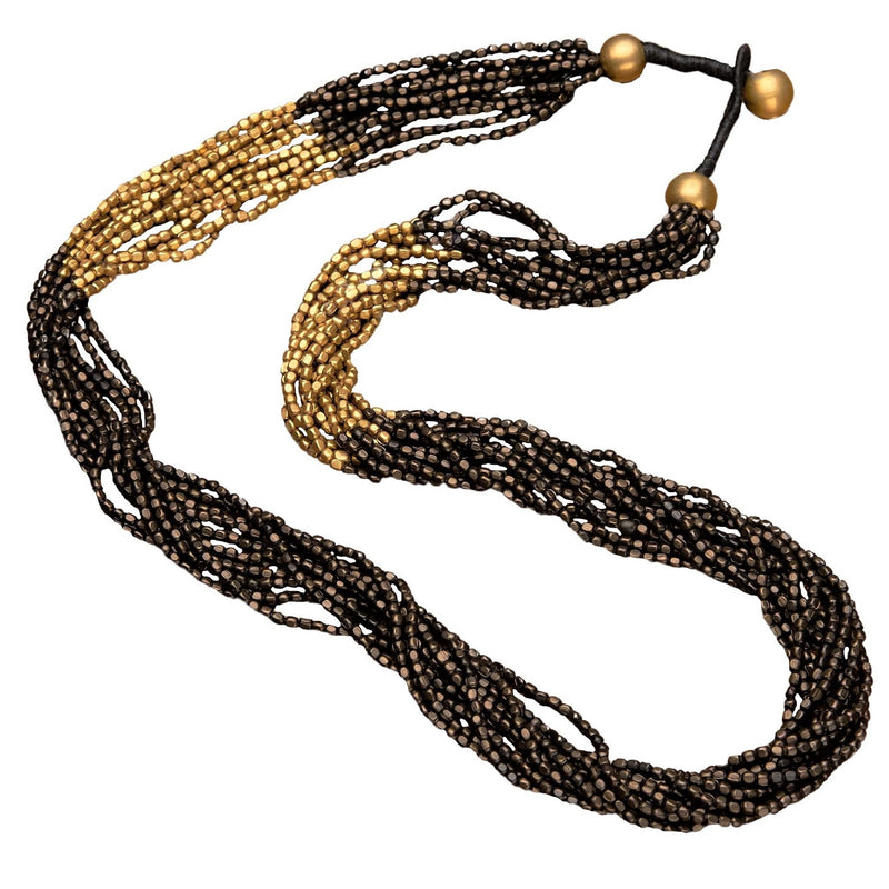 Handmade, striped pure golden and black brass, beaded multi strand necklace designed by OMishka.
