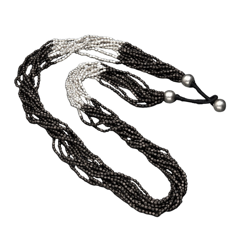 Handmade, striped silver toned and black brass, tiny beaded multi strand necklace designed by OMishka.