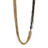 Handmade and long, striped golden and oxidised black brass, beaded multi strand necklace designed by OMishka.