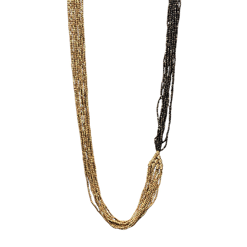 Handmade and long, striped golden and oxidised black brass, beaded multi strand necklace designed by OMishka.