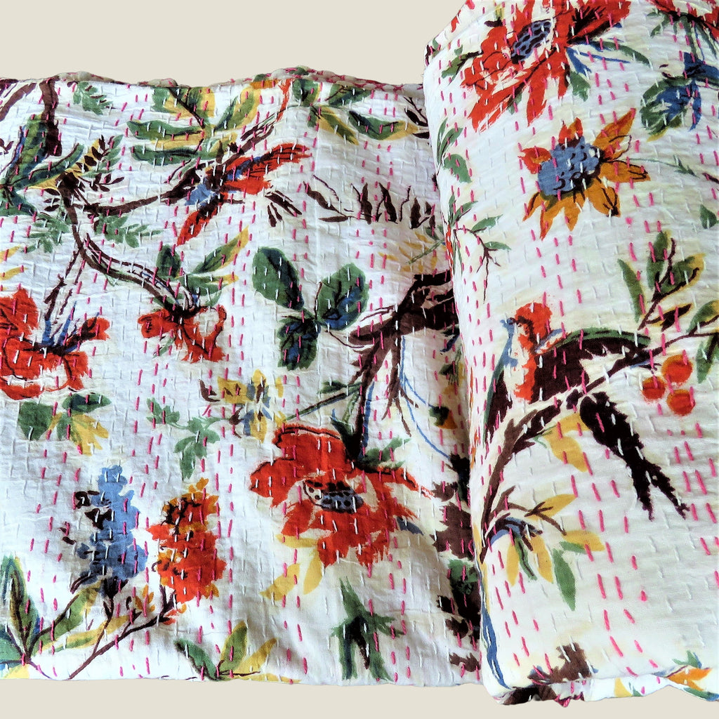 White Bird of Paradise Kantha Bed Cover & Throw - 23
