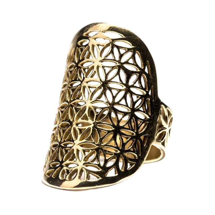 A large, adjustable, nickel free pure brass, flower of life ring designed by OMishka.