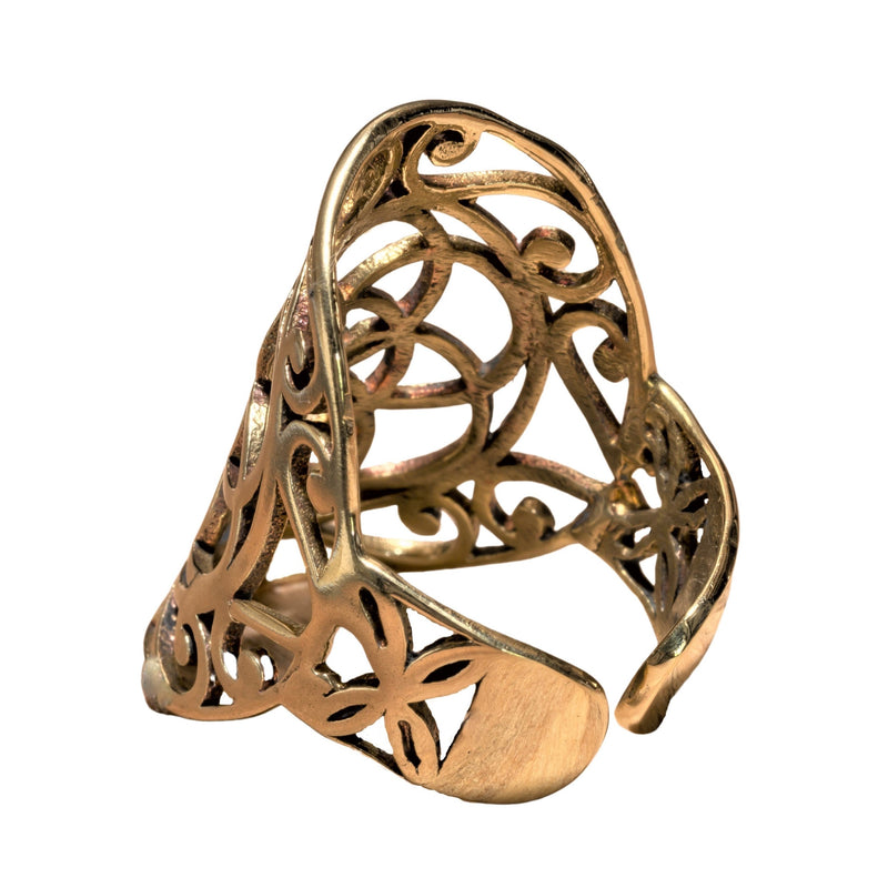 A large, adjustable, nickel free pure brass, decorative seed of life ring designed by OMishka.