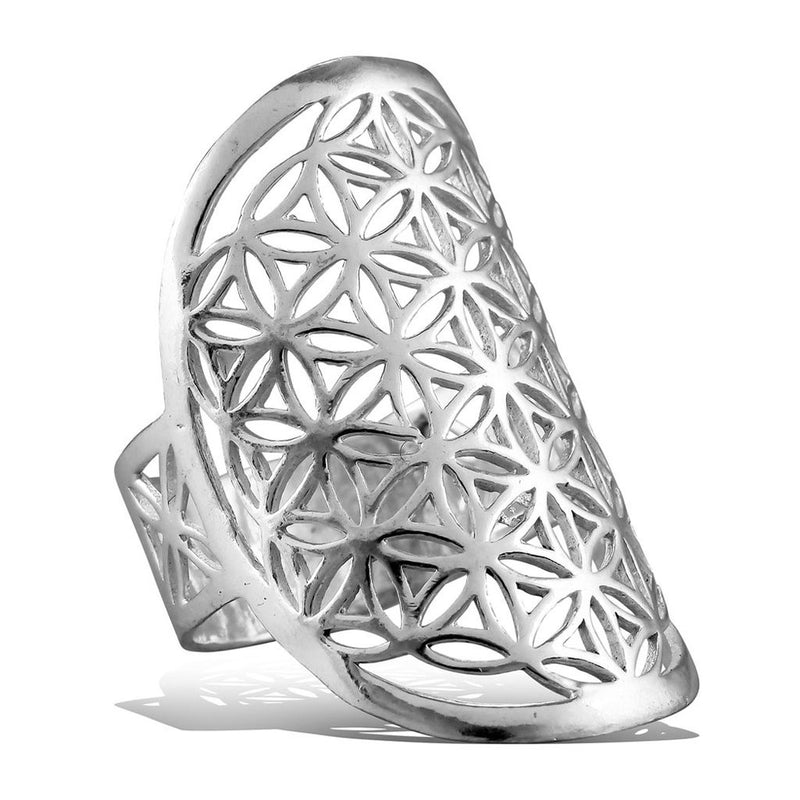 A large, adjustable, nickel free solid silver, flower of life ring designed by OMishka.