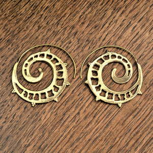 Large, nickel free pure brass, spiral hoop earrings with a cut out detail, designed by OMishka.