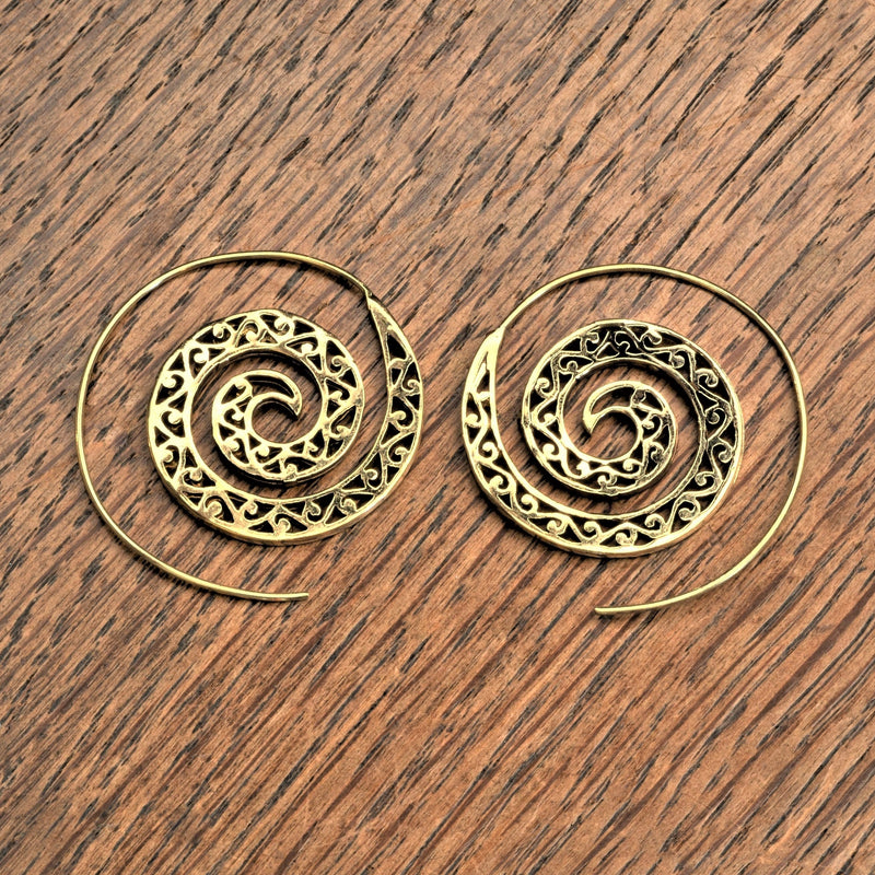 Large, nickel free pure brass, ornate tribal inspired, spiral hoop earrings designed by OMishka.