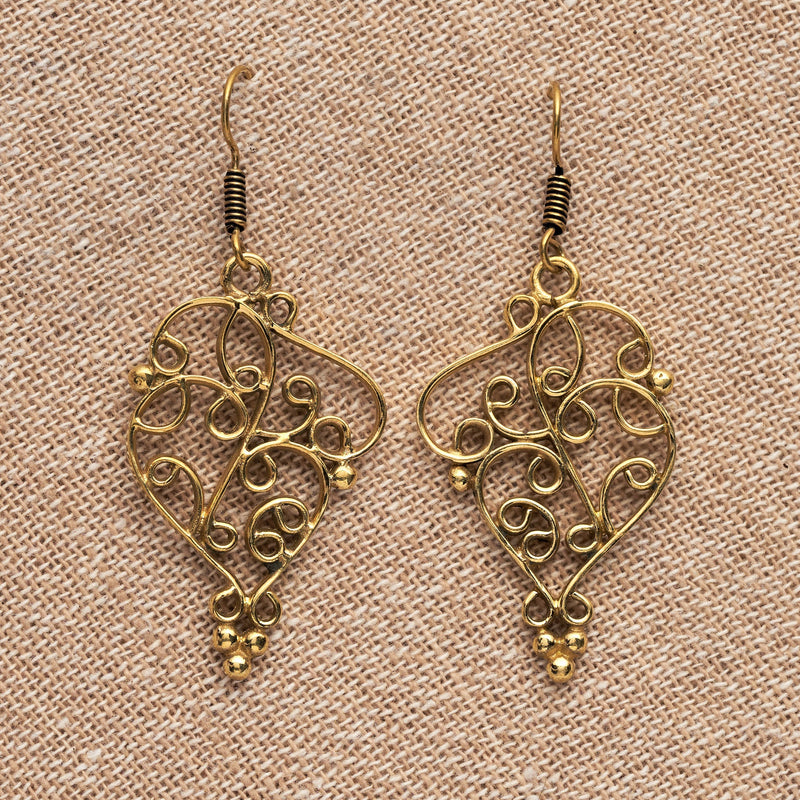 Handmade, large, ornate, nickel free pure brass, swirl and beaded drop earrings designed by OMishka.