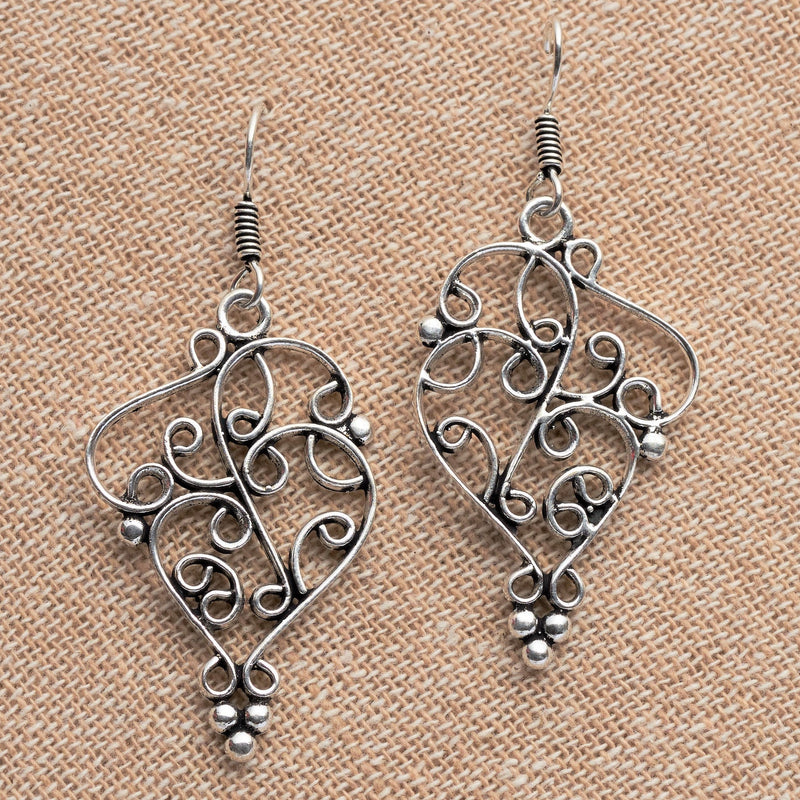 Handmade, large, ornate, nickel free solid silver, swirl and beaded drop earrings designed by OMishka.