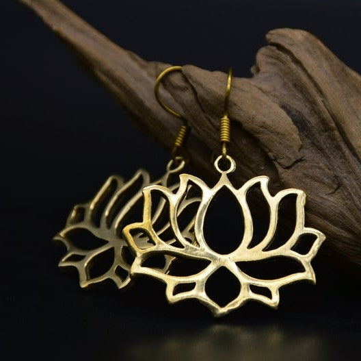 Large pure brass, lotus flower drop hook earrings designed by OMishka.