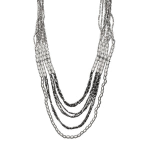 Layered, two tone, silver and oxidised black brass, beaded multi strand necklace designed by OMishka.