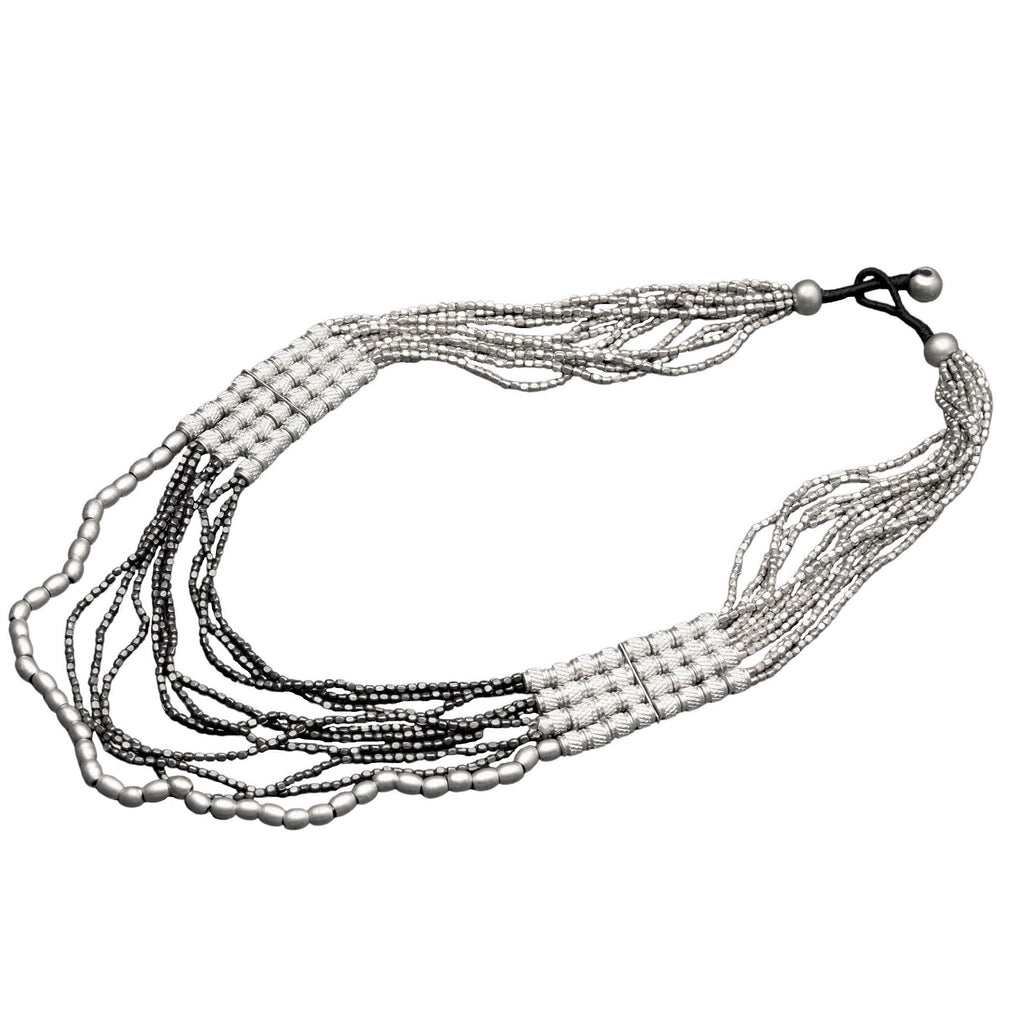 Artisan handmade, layered, two tone, silver and oxidised black brass, beaded multi strand necklace designed by OMishka.