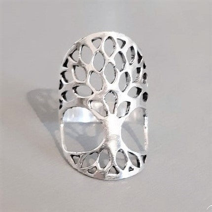 A long and chunky, adjustable, nickel free solid silver, tree of life ring designed by OMishka.