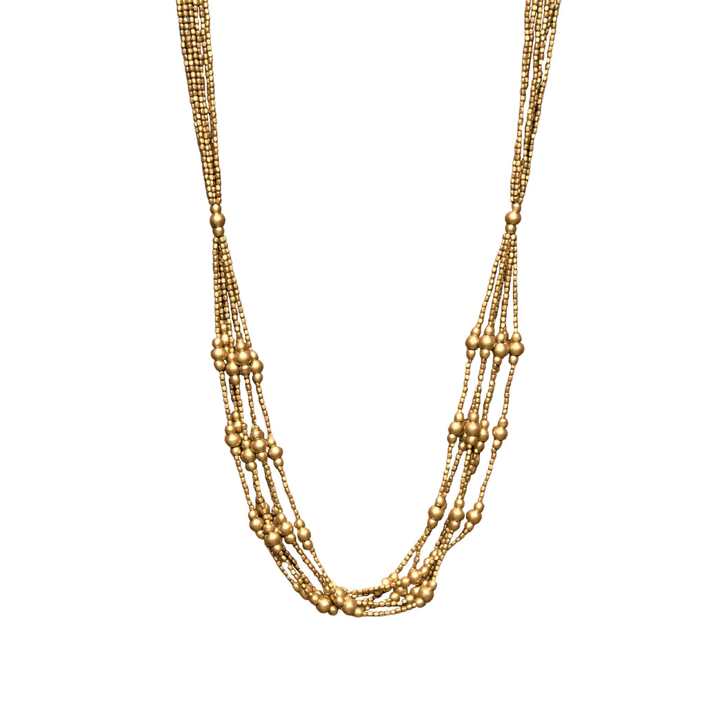 Artisan handmade pure brass tiny cube and round beaded, long, layered multi strand necklace designed by OMishka.