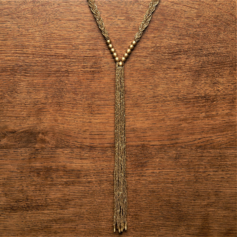 Pure brass, tiny cube and round beaded, braided, long drop multi strand necklace designed by OMishka.