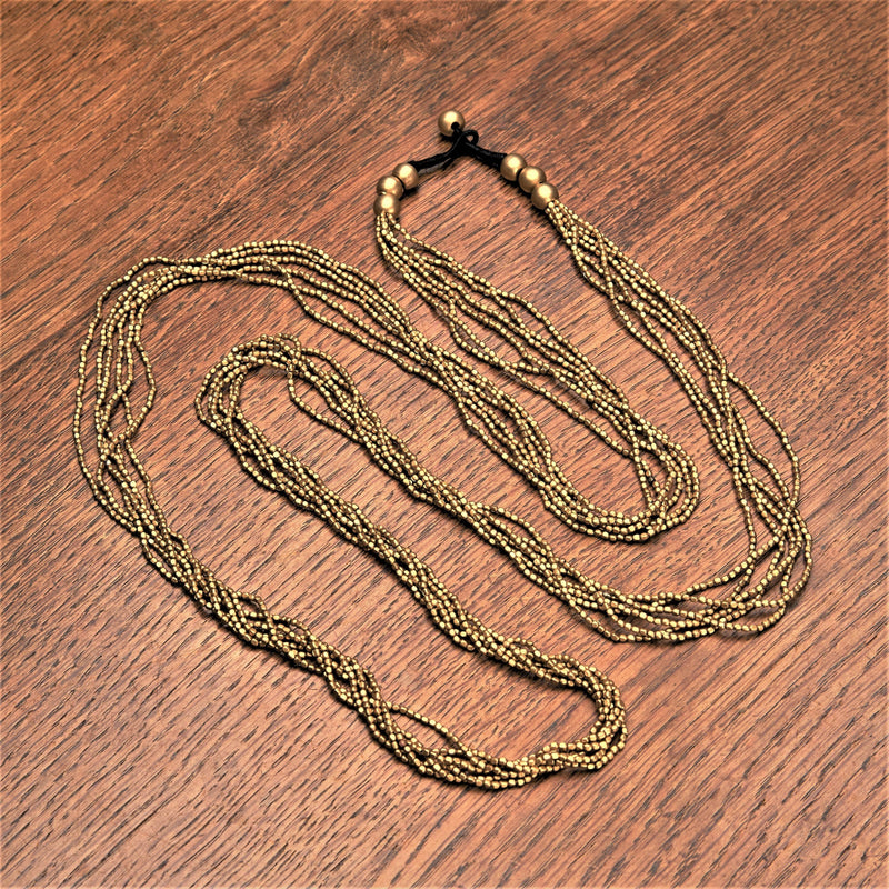 Handmade and nickel free pure brass, tiny cube beaded, long multi strand wrap necklace designed by OMishka.
