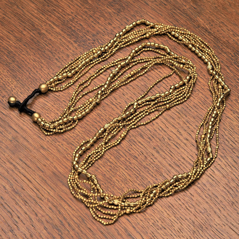 Handmade pure brass, mixed tiny cube and etched beaded, long multi strand necklace designed by OMishka