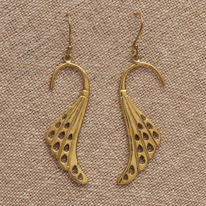 Handmade pure brass, long feathered wing drop hook earrings designed by OMishka.