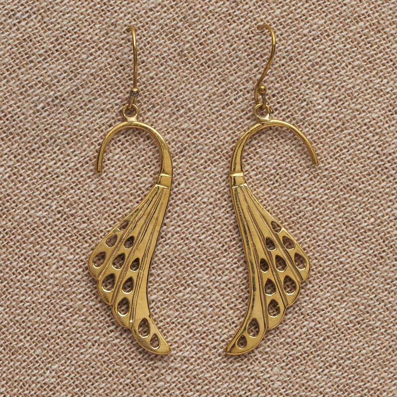 Handmade pure brass, long feathered wing drop hook earrings designed by OMishka.