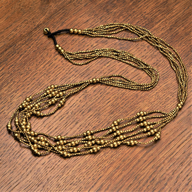 Handmade and nickel free pure brass, tiny cube and round beaded, long, layered multi strand necklace designed by OMishka.