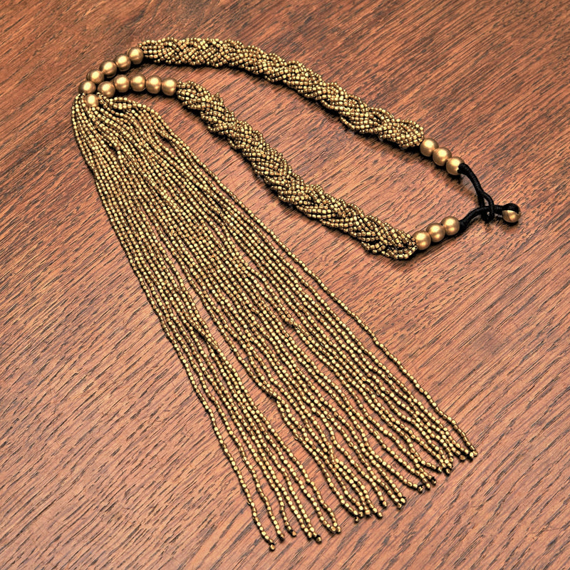 Handmade nickel free pure brass, braided tiny cube beaded, long tassel drop, multi strand necklace designed by OMishka.