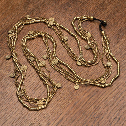 Pure Brass Charm Beaded Long Multi Strand Necklace