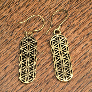 Handmade nickel free pure brass, long flower of life drop hook earrings designed by OMishka.