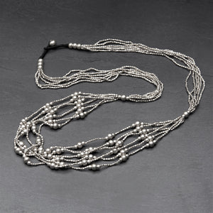 Handmade and nickel free silver, tiny cube and round beaded, long, layered multi strand necklace designed by OMishka.