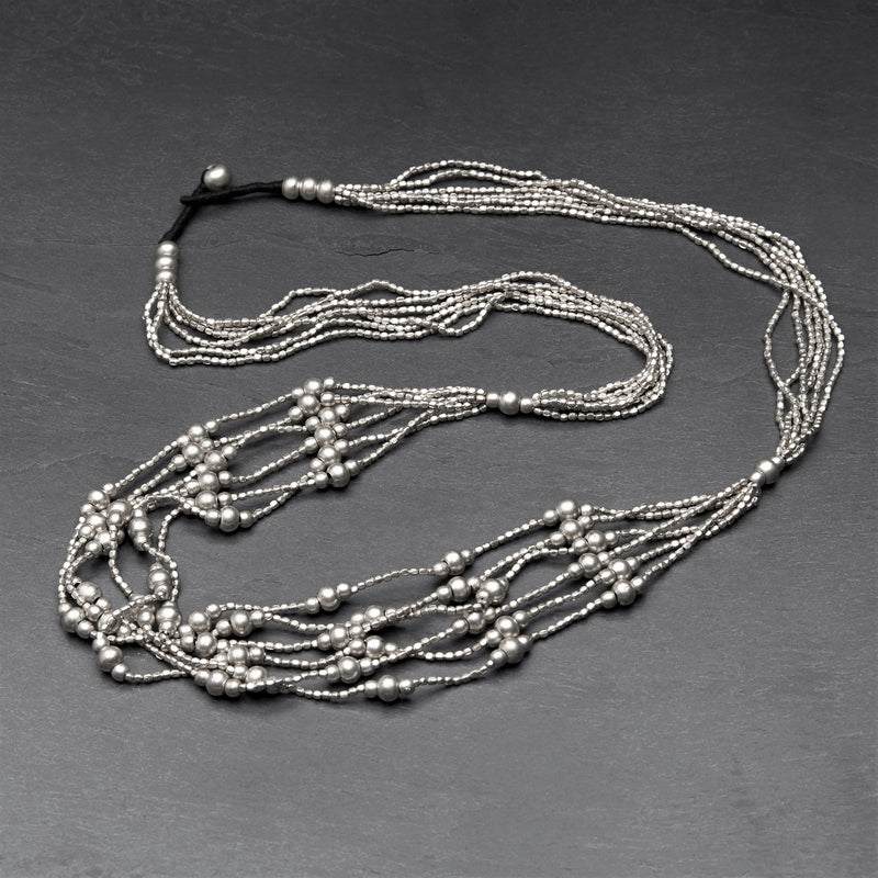 Handmade and nickel free silver, tiny cube and round beaded, long, layered multi strand necklace designed by OMishka.
