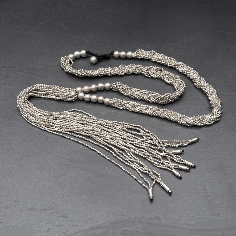 Nickel free silver, tiny cube and round beaded, braided, long drop multi strand necklace designed by OMishka.