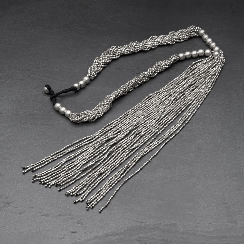Handmade nickel free silver, braided tiny cube beaded, long tassel drop, multi strand necklace designed by OMishka.