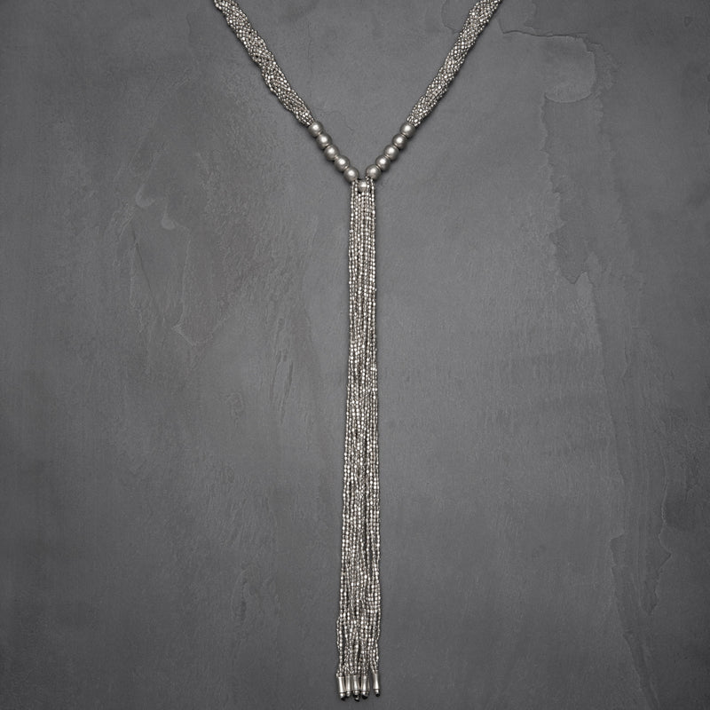 Long, braided silver multi strand, tiny cube and round beaded necklace designed by OMishka.