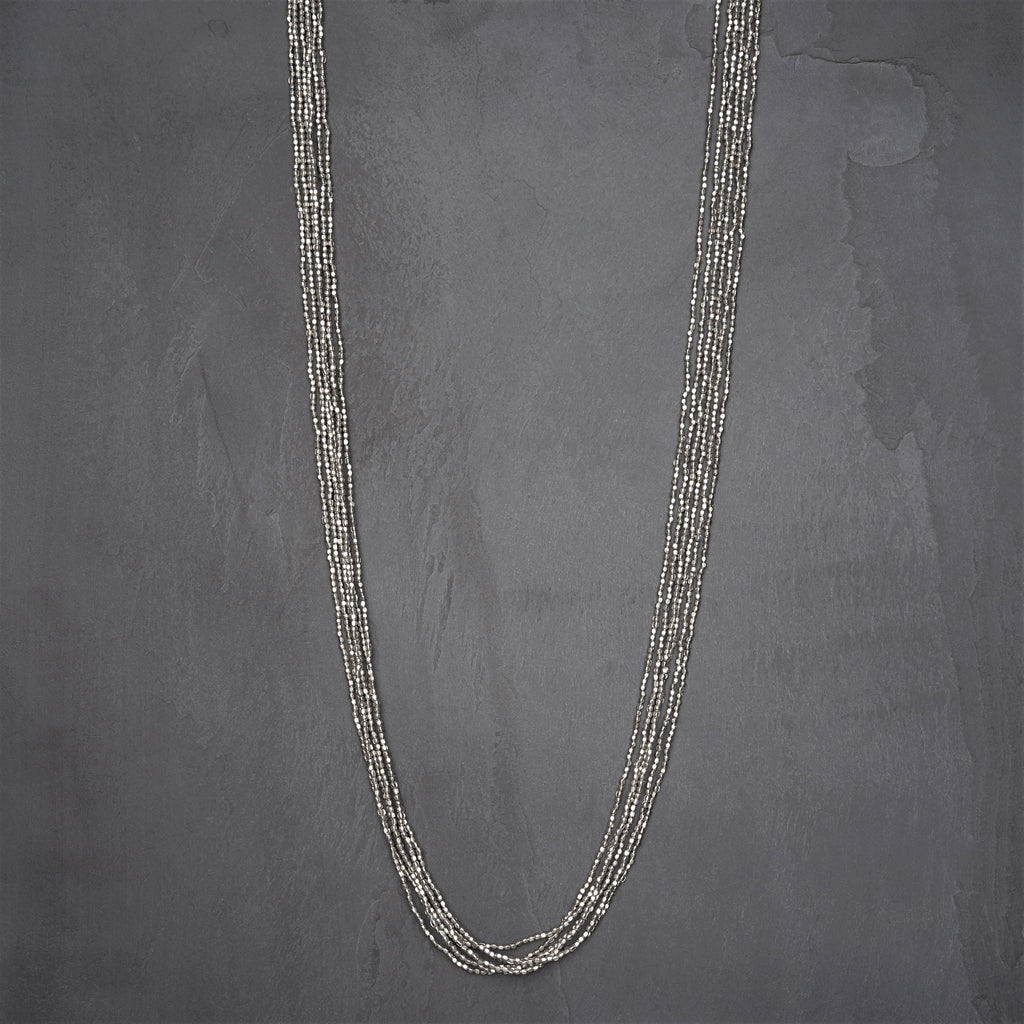 Handmade silver toned brass, tiny cube beaded, long multi strand wrap necklace designed by OMishka.