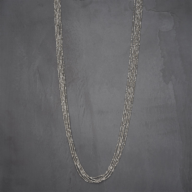 Handmade silver toned brass, tiny cube beaded, long multi strand wrap necklace designed by OMishka.