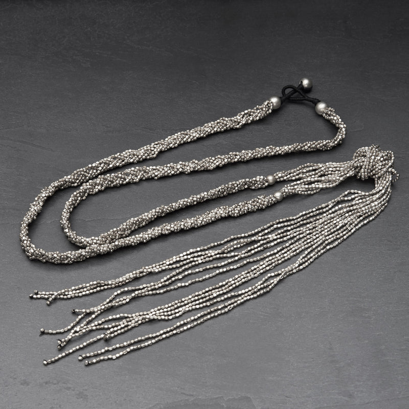 Handmade silver, tiny cube beaded, long double braided multi strand, tassel necklace designed by OMishka.