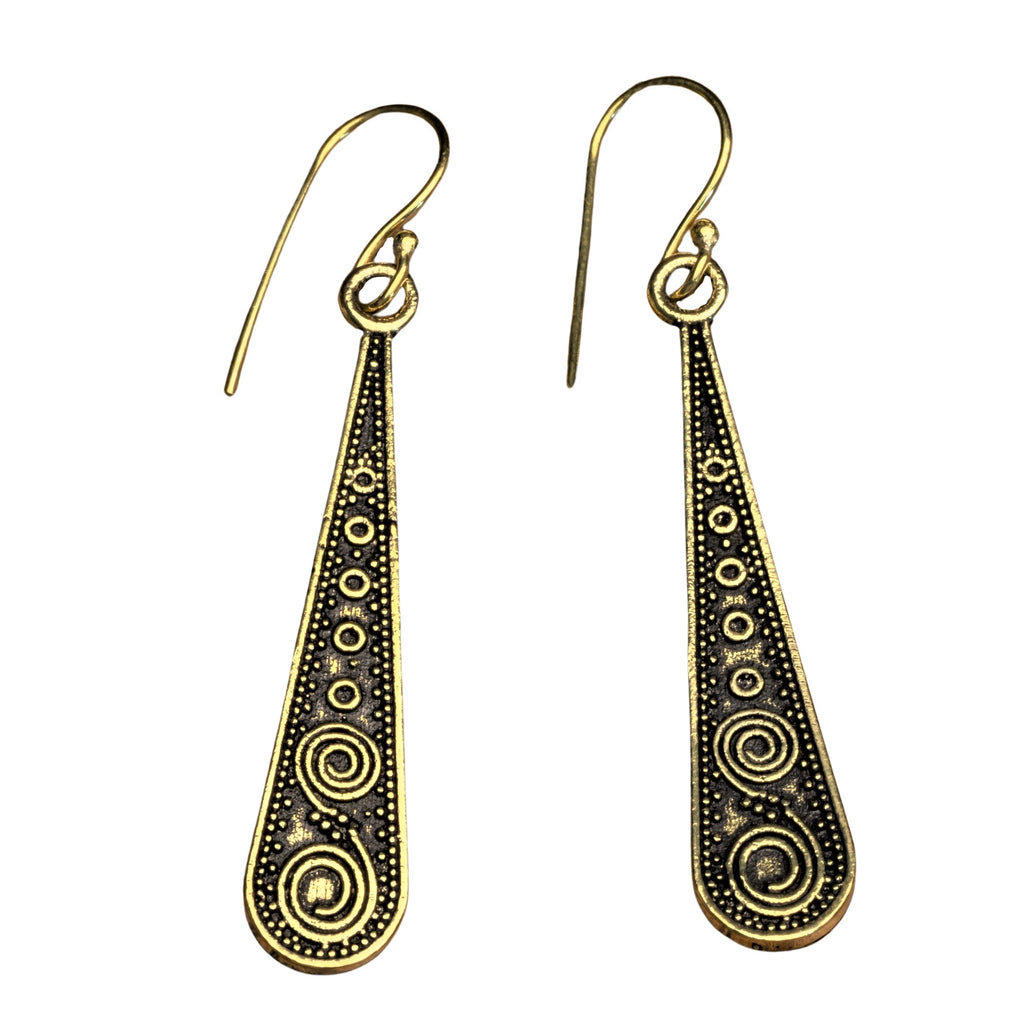 Handmade, oxidised, nickel free pure brass, long teardrop, spiral etched dangle earrings designed by OMishka.