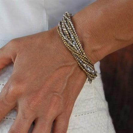 Naga beadwork two tone silver and golden brass, tiny cube beaded multi strand bracelet designed by OMishka.