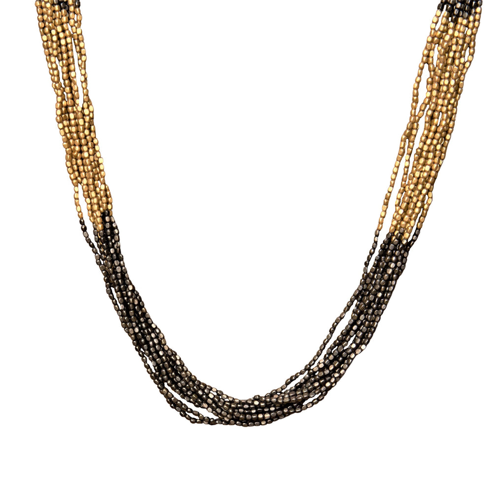 Handmade and nickel free, black and pure brass, cube beaded striped multi strand necklace designed by OMishka.