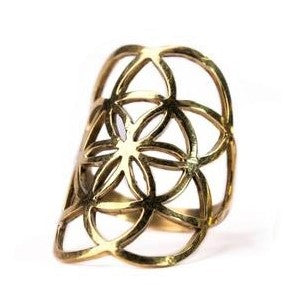 An adjustable, nickel free pure brass seed of life ring designed by OMishka.
